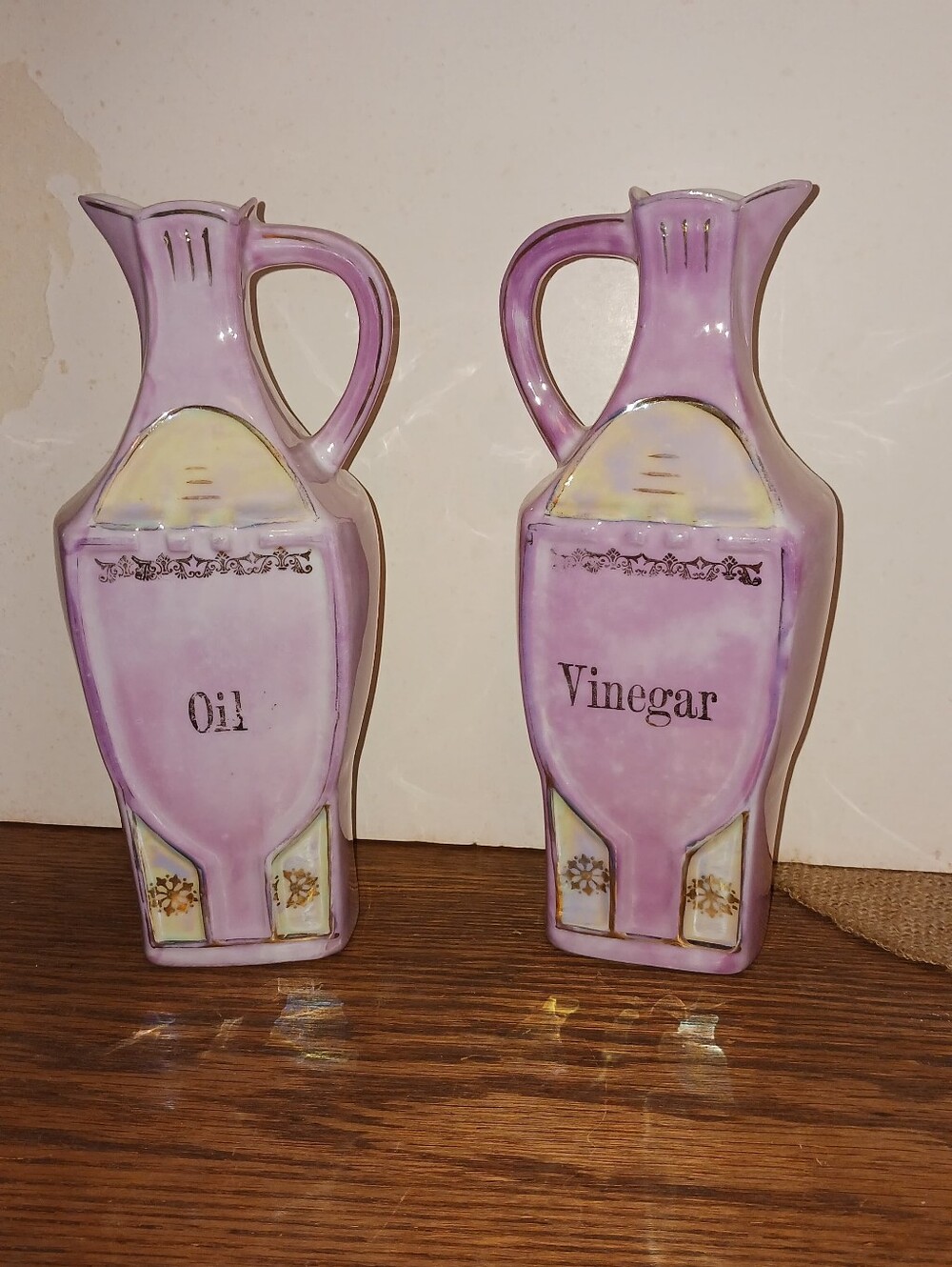 Vintage German Lusterware Oil& Vinegar Set, Pink.